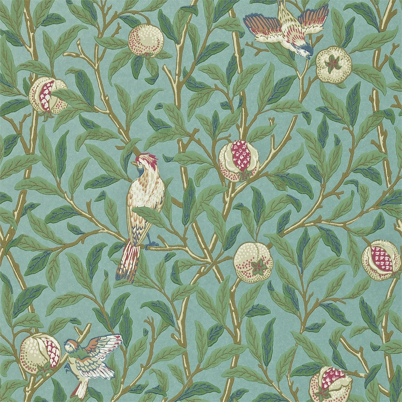 Bird & Pomegranate Turquoise/Coral Wallpaper DARW212538 by Morris & Co