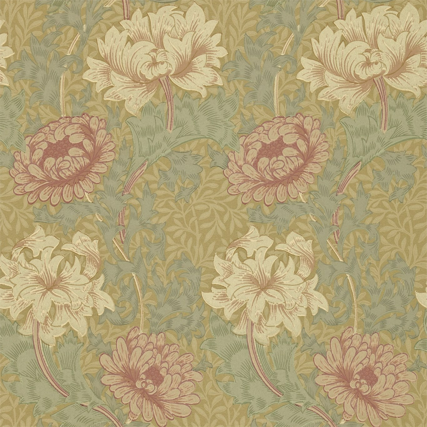Chrysanthemum Pink/Yellow/Green Wallpaper DMCW210414 by Morris & Co