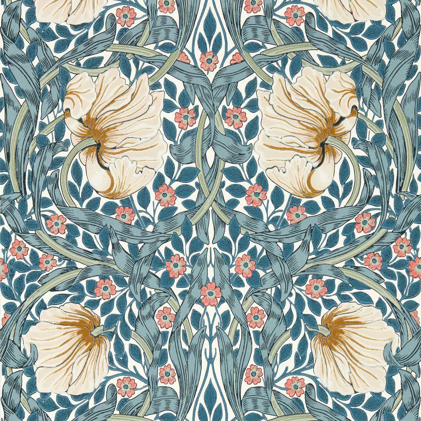 Pimpernel Woad/Coral Wallpaper MFRW217363 by Morris & Co