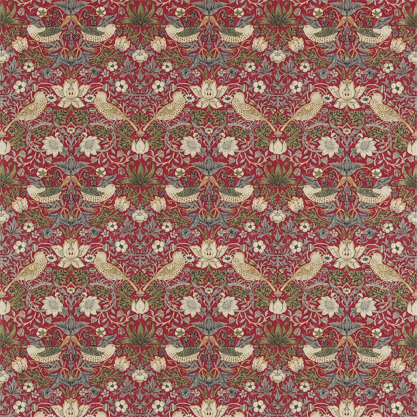 Strawberry Thief 220312 Crimson/Slate Fabric By Morris & Co