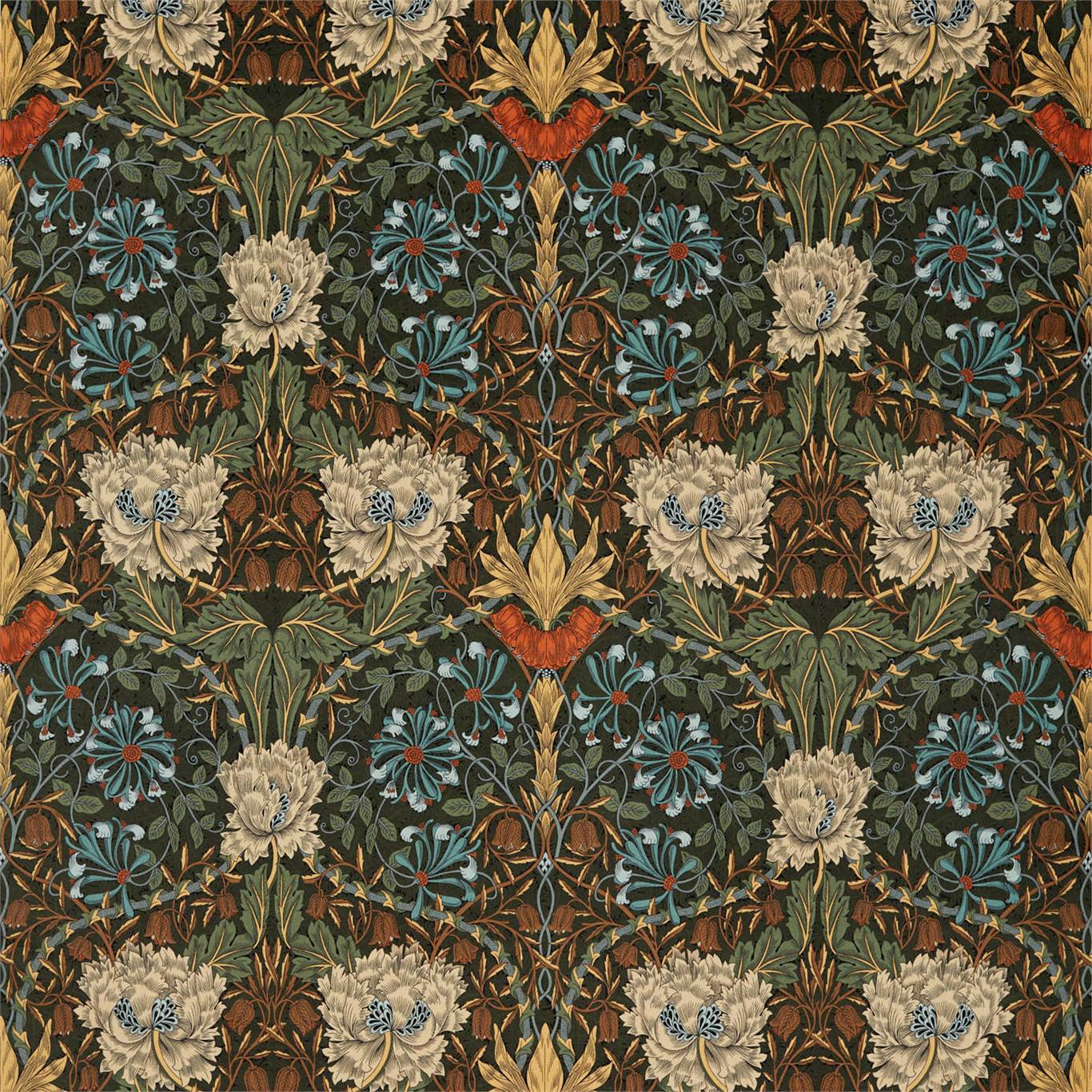 Honeysuckle and Tulip Velvet Forest/Chestnut Fabric By Morris & Co