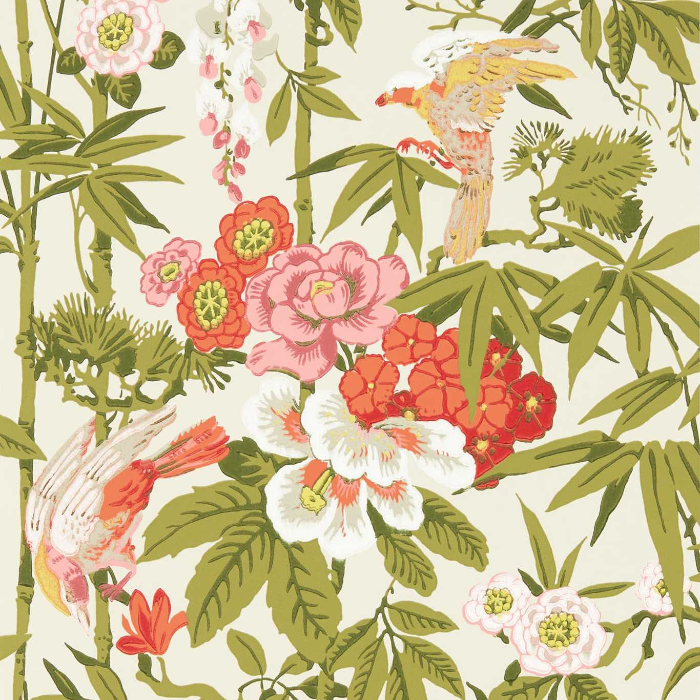 Bamboo & Birds Mandarin Red/Olive Wallpaper DWAW217128 by Sanderson