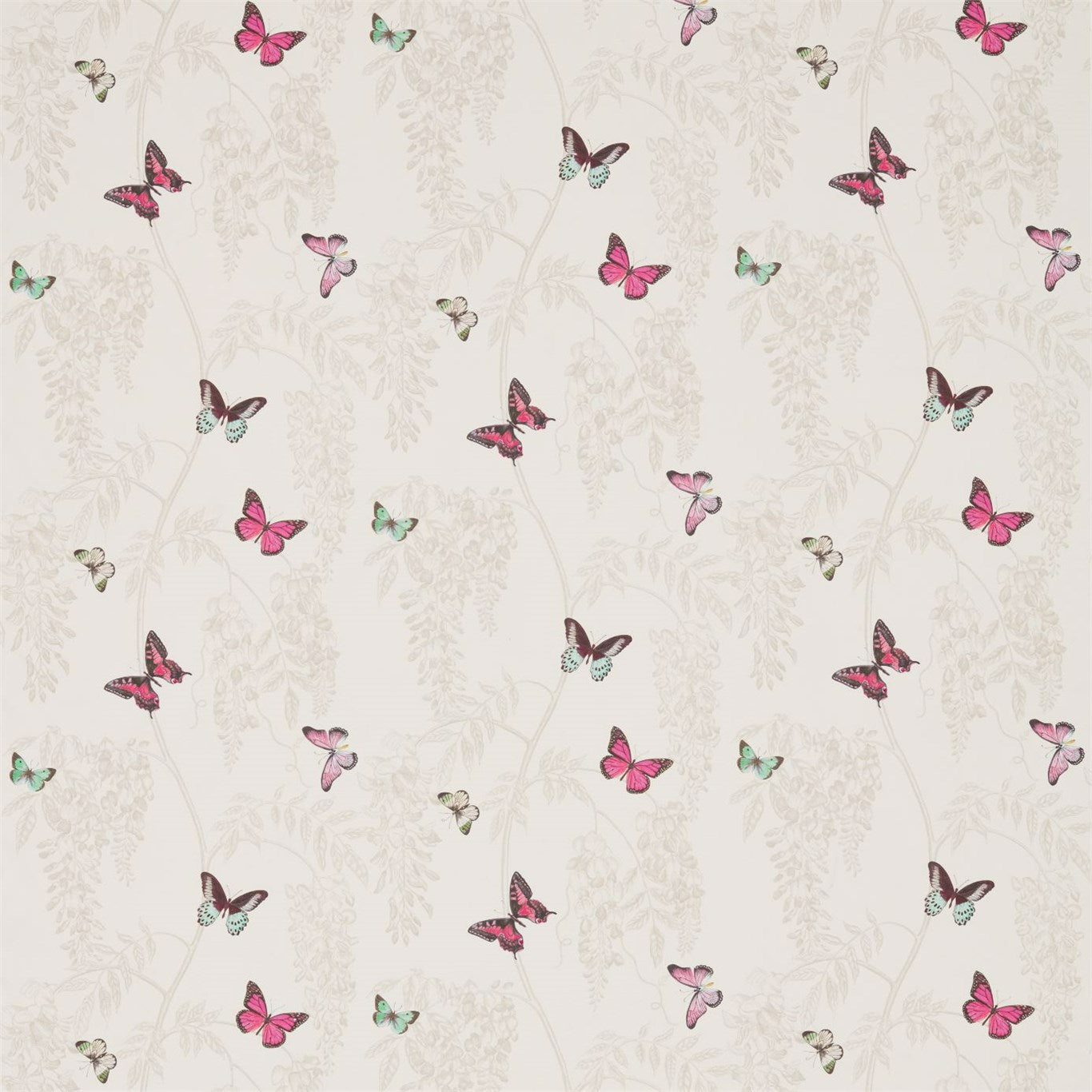 Wisteria and Butterfly Fuchsia/Parchment Fabric By Sanderson