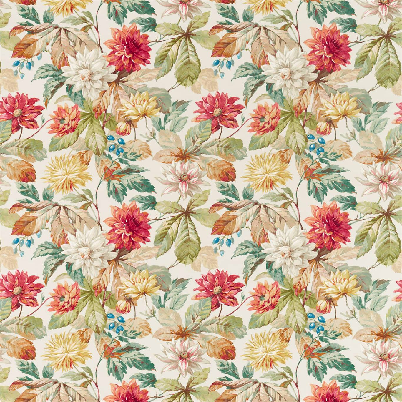Dahlia and Rosehip Briarwood/Russet Fabric By Sanderson