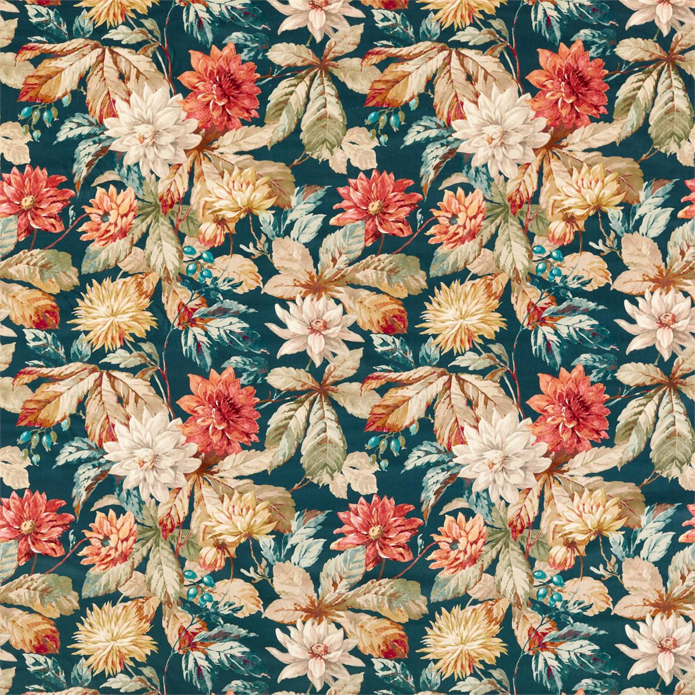 Dahlia and Rosehip Teal/Russet (Velvet) Fabric By Sanderson